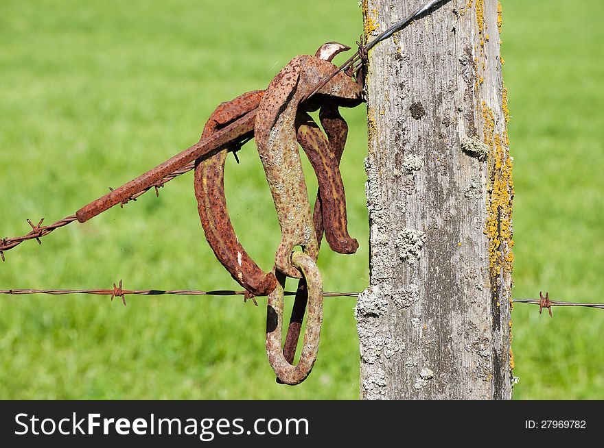 Old weathered fencepost with rusty horseshoe