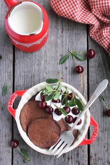 Chocolate Pancakes With Vanilla Cream And Cherries Royalty Free Stock Image