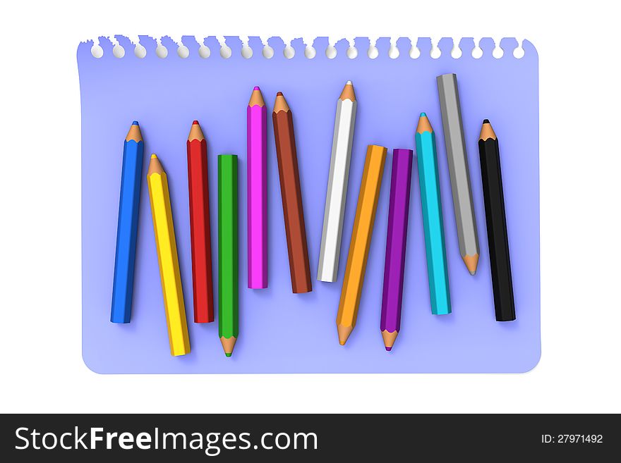 3D model of colored pencils on blue note message paper