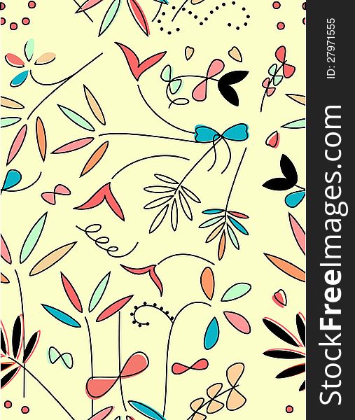 Floral seamless pattern on light yellow background, hand drawn elements. Floral seamless pattern on light yellow background, hand drawn elements