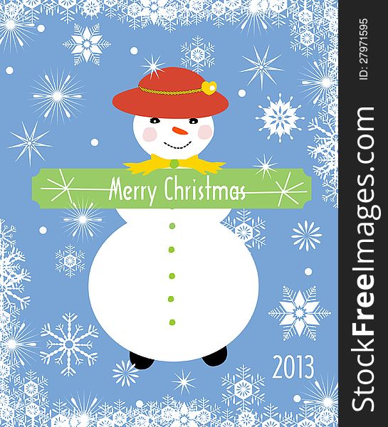 Christmas greeting card with snow girl and snowflakes