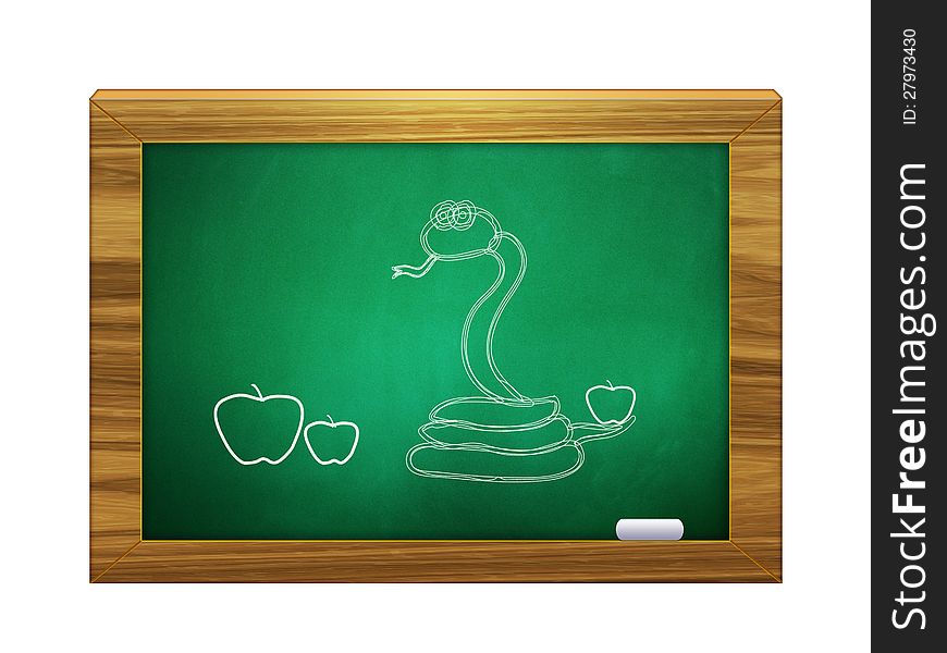 Illustration of hand drawn snake with apples on green board. Illustration of hand drawn snake with apples on green board.