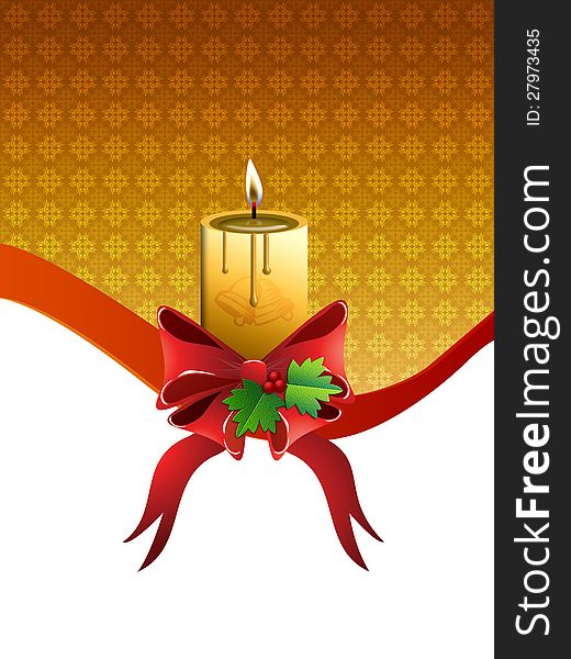 Illustration of Christmas candle on pattern background with red bow.