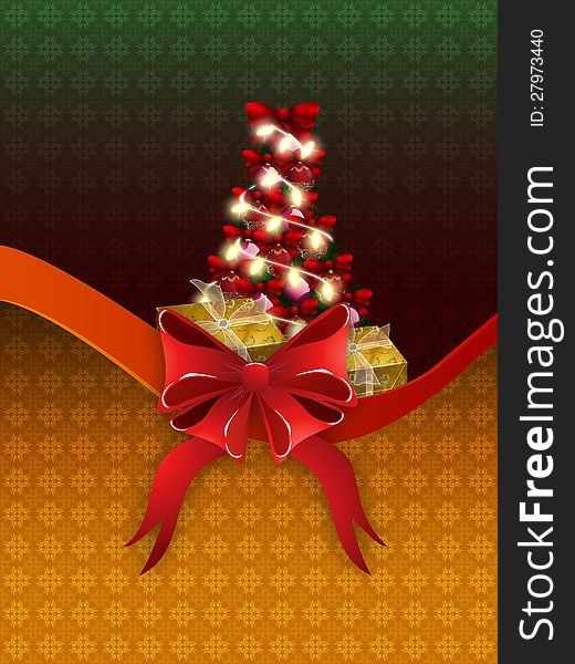 Illustration of Christmas background with gold gift boxes and decorated tree. Illustration of Christmas background with gold gift boxes and decorated tree.
