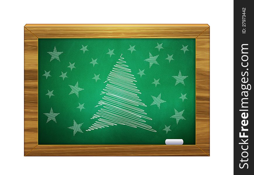Illustration of Christmas tree and stars on green chalkboard. Illustration of Christmas tree and stars on green chalkboard.