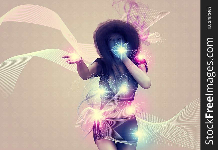 Illustration of a girl blowing magic sparks background. Illustration of a girl blowing magic sparks background.