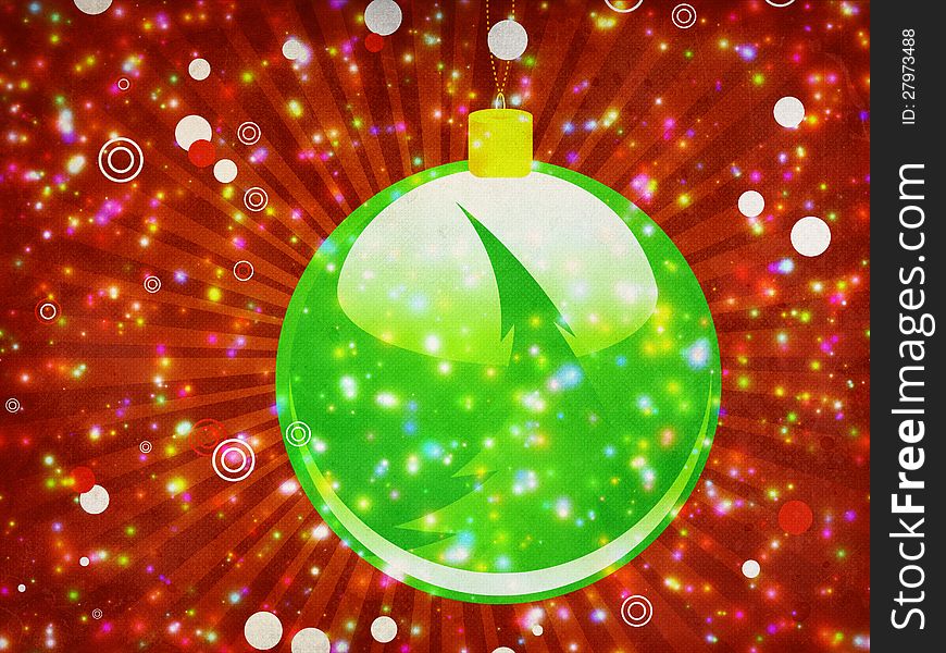 Illustration of green Christmas ball on abstract sprkle red background with rays. Illustration of green Christmas ball on abstract sprkle red background with rays.