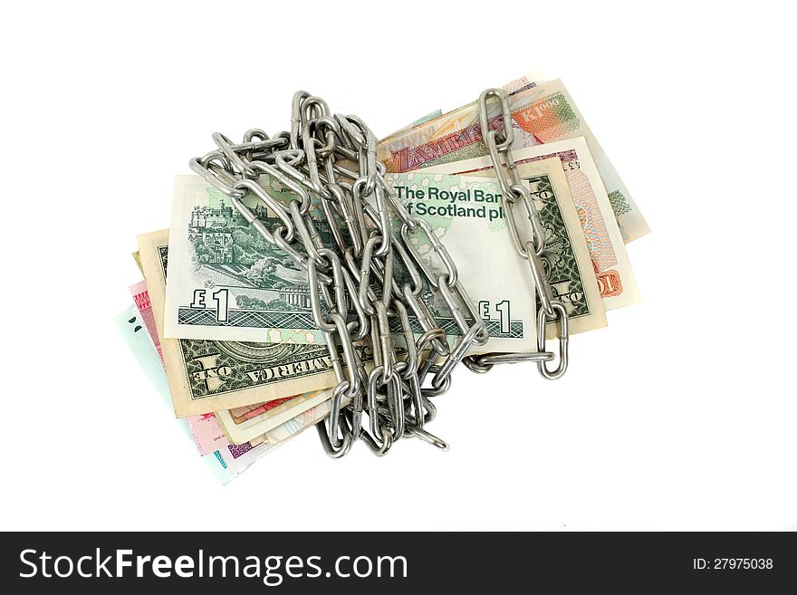 Money,different currencies bound by a chain,isolated on a white background. Money,different currencies bound by a chain,isolated on a white background