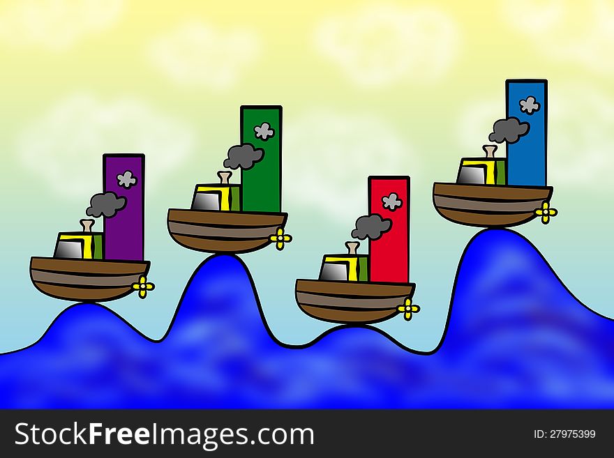 Illustration of four boats on top of the ocean waves forming a graph. Illustration of four boats on top of the ocean waves forming a graph