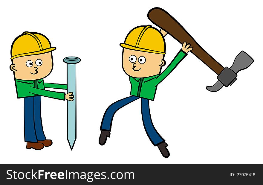 Illustration of two construction workers, one is holding a giant nail while the other carries a giant hammer. Illustration of two construction workers, one is holding a giant nail while the other carries a giant hammer
