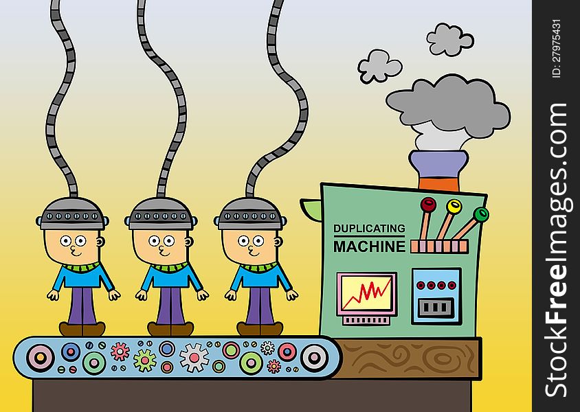 A cartoon illustration of a duplicating machine with three men coming out of it
