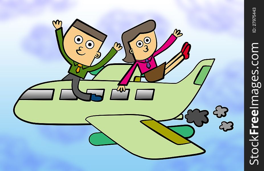 A cartoon illustration of a young business man and woman riding an airplane. A cartoon illustration of a young business man and woman riding an airplane