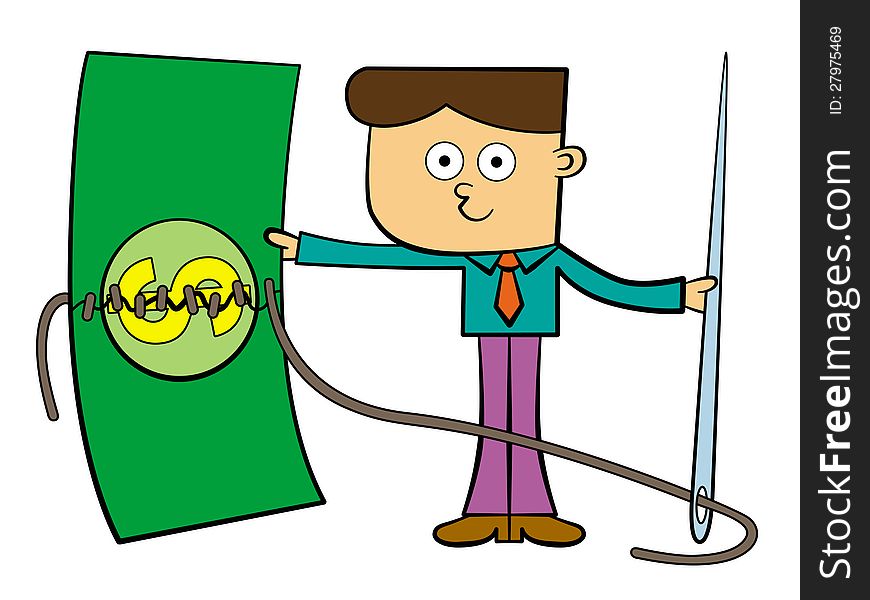 An illustration of a business man holding a large needle and stitching a giant dollar bill. An illustration of a business man holding a large needle and stitching a giant dollar bill