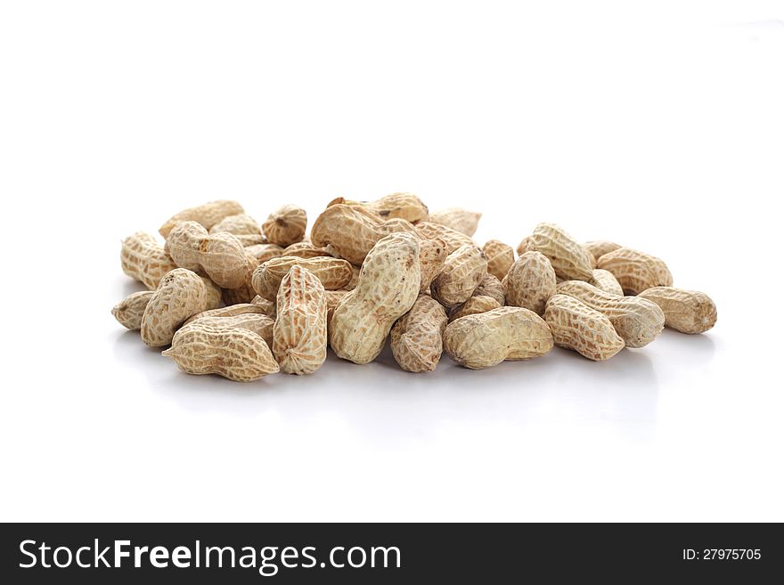 Peanuts on white background, soft shadow, reflective
