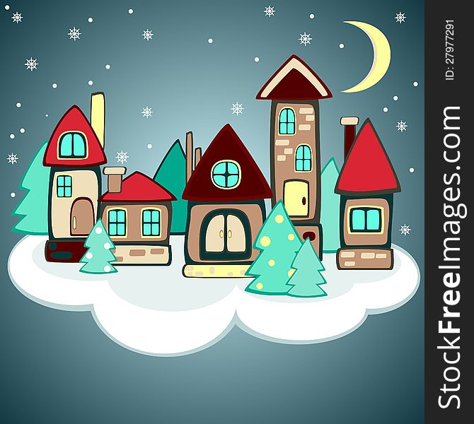 Group of cartoon houses and decorated fir trees on the cloud. Group of cartoon houses and decorated fir trees on the cloud