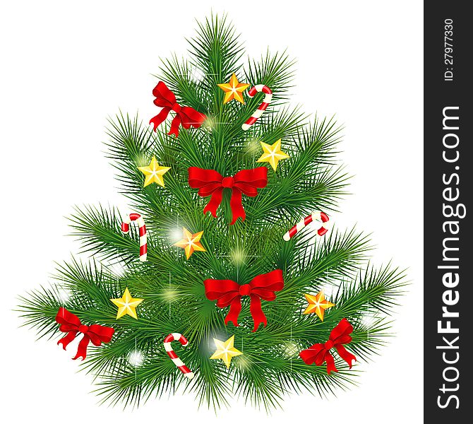 Realistic Christmas fir tree decorated with red bows and stars