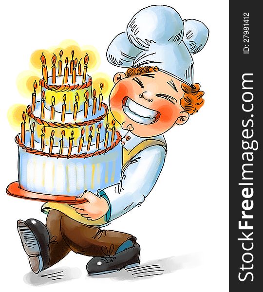 Chef holding a big cake with candles. Hand drawn