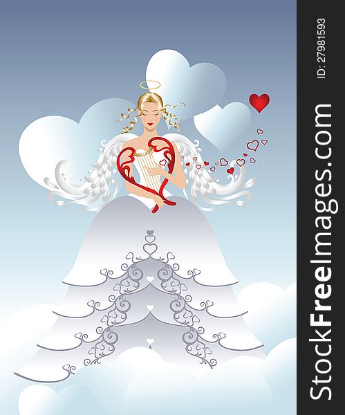 Illustration of a girl angel in a long whitish dress playing a red lyre in the shape of a heart. Music flows out as hearts. Sky background with heart shaped clouds. Illustration of a girl angel in a long whitish dress playing a red lyre in the shape of a heart. Music flows out as hearts. Sky background with heart shaped clouds.