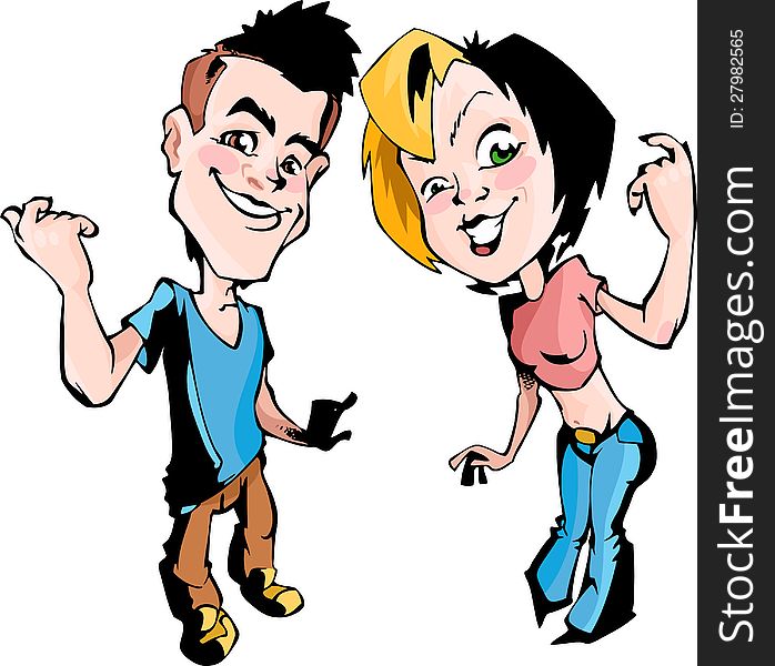 The illustration shows a boy and a girl. Young couple expresses positive emotions.  Illustration done in the style of comics. The illustration shows a boy and a girl. Young couple expresses positive emotions.  Illustration done in the style of comics.