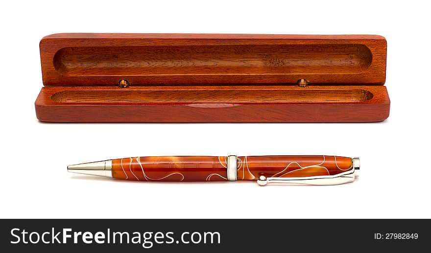 Stylish pen and wood case over white