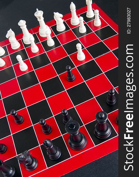 Chess Game Pieces Board Red White Black Background