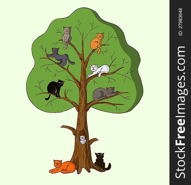 The nine colorful cats sitting on the branches of the huge tree. The nine colorful cats sitting on the branches of the huge tree