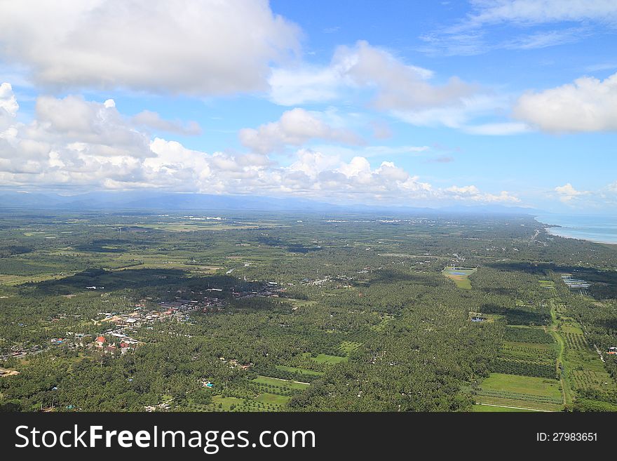 Aerial photo of coconut farms, palm trees and houses beside the long beach in Thailand. Aerial photo of coconut farms, palm trees and houses beside the long beach in Thailand