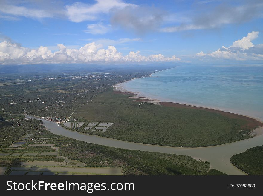 Aerial photo of long beach in Nakhon Sri Thammarat, Thailand