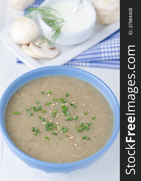 Bowl of mushroom soup with fresh mushrooms and dill closeup