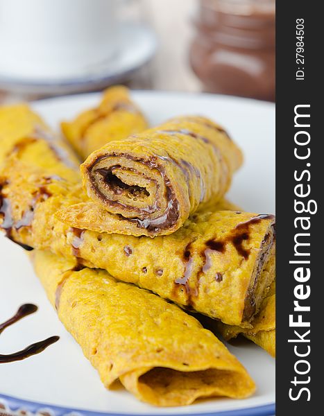 Rolled Pancakes Stuffed Chocolate Paste