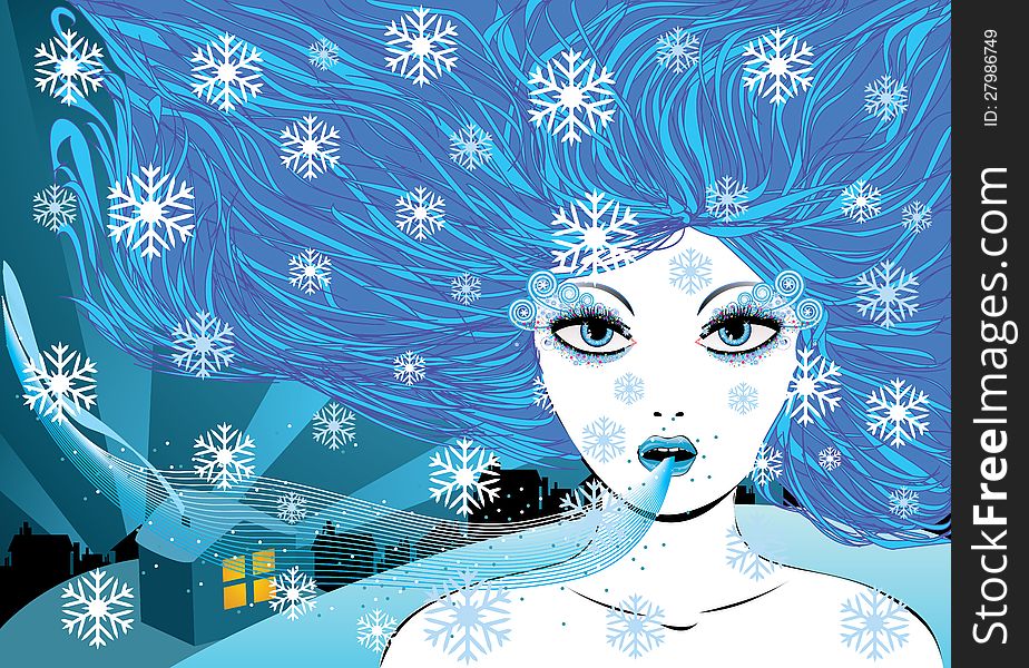 Illustration of abstract winter girl with blue hair and small town. Illustration of abstract winter girl with blue hair and small town.