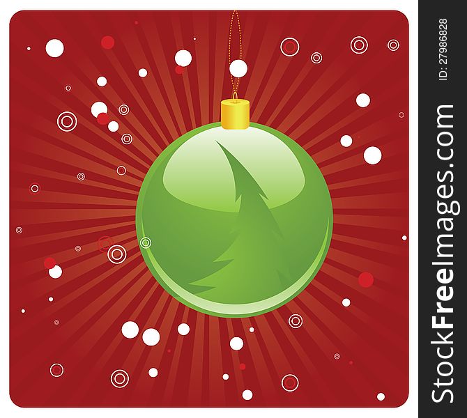 Illustration of green Christmas ball on abstract red background with rays. Illustration of green Christmas ball on abstract red background with rays.