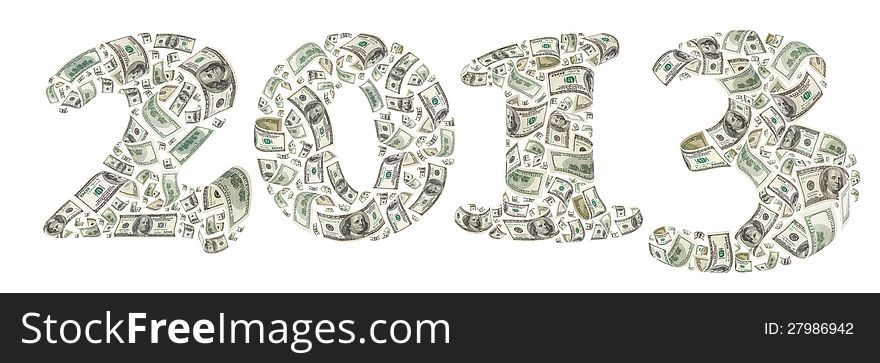 New year. 2013 made by flying 100 dollars banknotes. Isolated on white