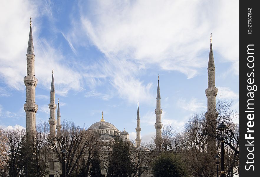 Minarets of Blue mosque in Istanbul against blue sky