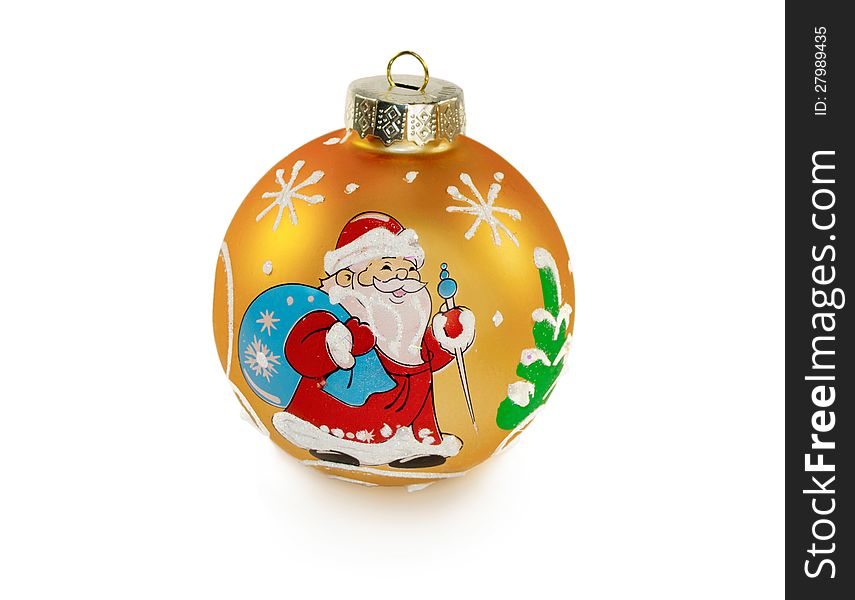 The photo shows a one yellow decorative ball for Christmas tree decoration,  on white background. On the toy depicts Santa Claus with a bag of gifts. The photo shows a one yellow decorative ball for Christmas tree decoration,  on white background. On the toy depicts Santa Claus with a bag of gifts.