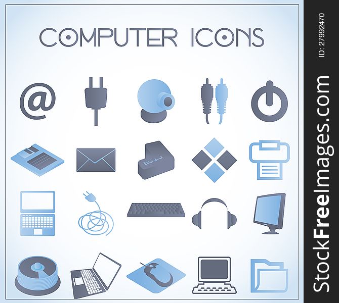 Vector illustration of computer icons on white-blue background