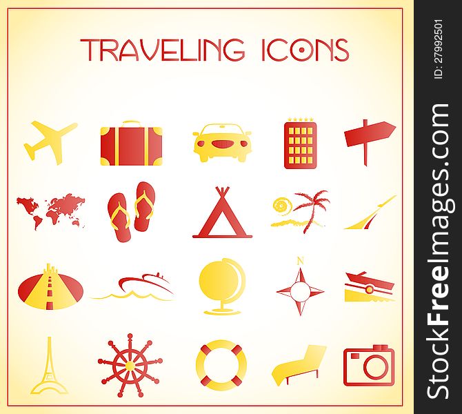 Vector illustration of traveling icons on white-yellow background