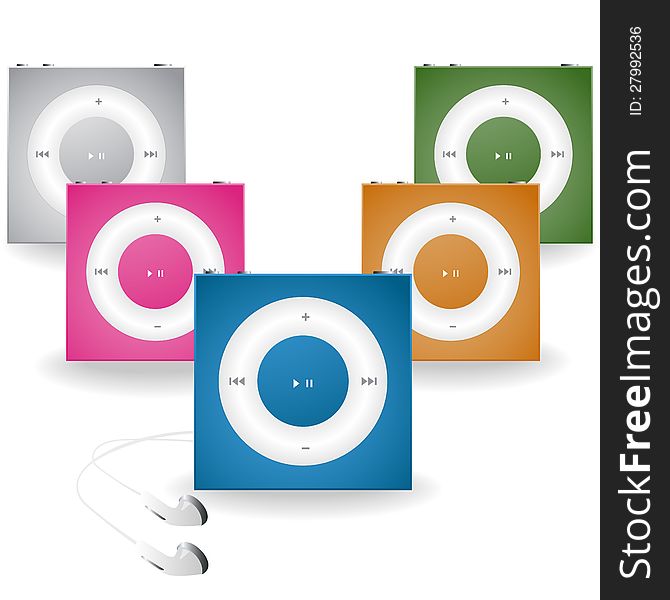 Vector realistic media players with earphones on white background. Vector realistic media players with earphones on white background