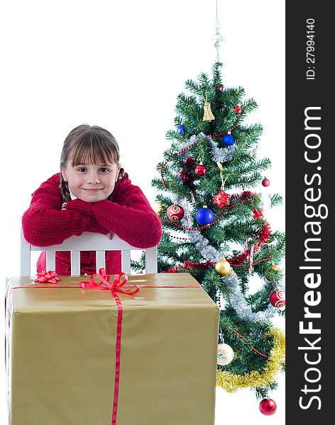 Cute happy child girl with big Christmas present. Cute happy child girl with big Christmas present