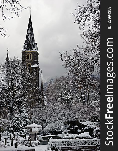 Church, after the first snow in Interlaken. Church, after the first snow in Interlaken