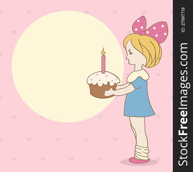 Invitation card with girl and cake. Birthday background. Invitation card with girl and cake. Birthday background