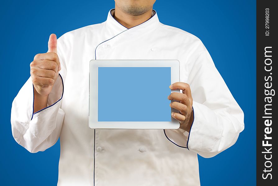 Chef showing a digital tablet, Display the menu