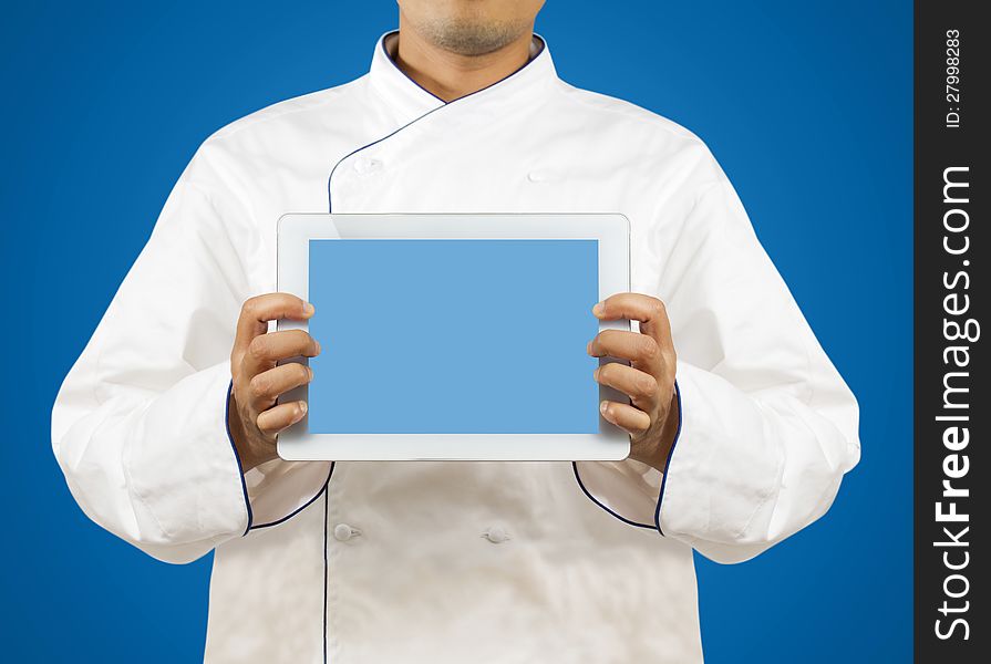 Chef showing a digital tablet, Display the menu