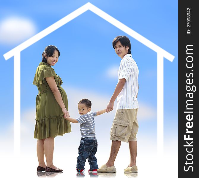 Happy Family and home concept with parents and son looking at the camera
