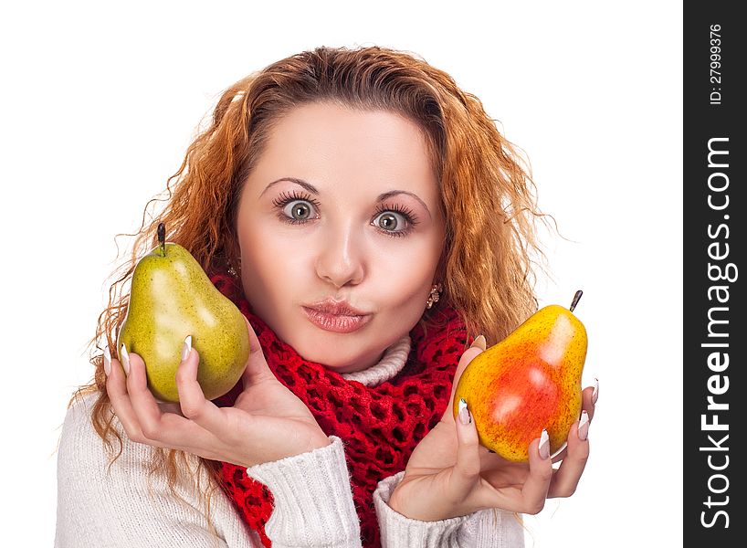 Red-haired girl with a pears isolated on white