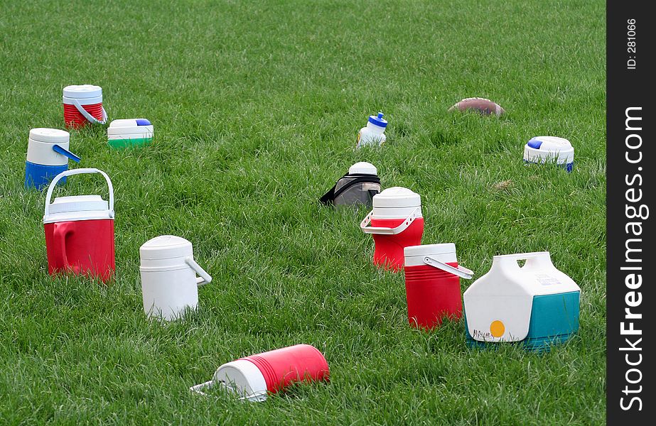 Water containers for football players. Water containers for football players