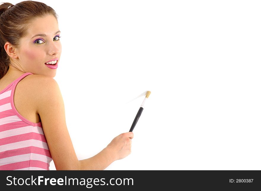 Girl painting / write on a white background. Girl painting / write on a white background.
