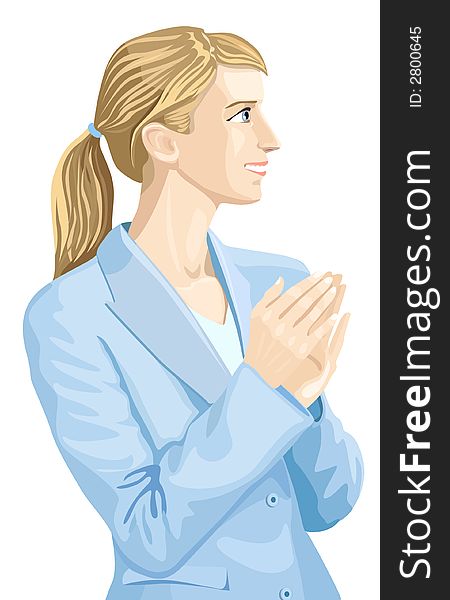 Vector illustration depicting happy woman in the blue suit. Vector illustration depicting happy woman in the blue suit