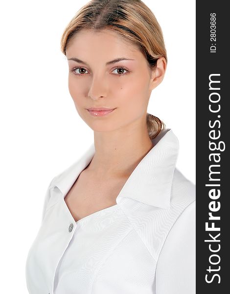 Youth woman in white medical robe. Youth woman in white medical robe