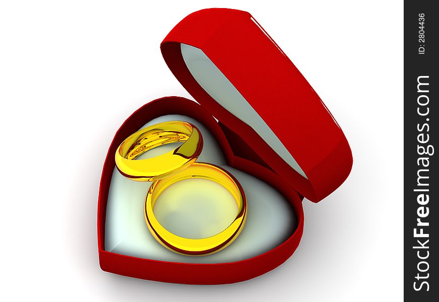 Very beautiful three-dimensional illustration, figure. Box as heart with wedding rings. 3d